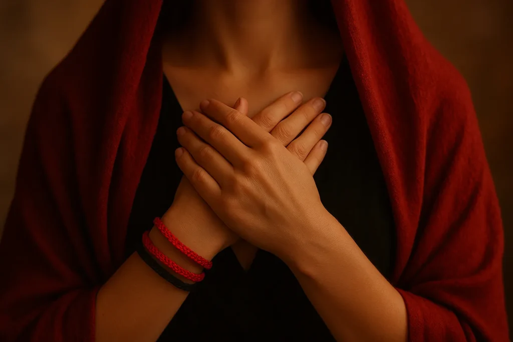 Mulher com as mãos entrelaçadas sobre o peito usando pulseiras vermelha e preta, simbolizando fé e conexão espiritual com Maria Padilha.