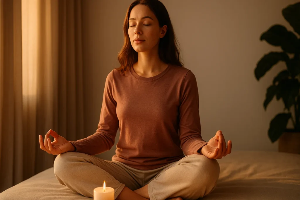 Mulher sentada em posição de meditação, com olhos fechados e expressão serena, em ambiente calmo com luz do pôr do sol e vela acesa, representando alinhamento energético antes de realizar uma simpatia.
