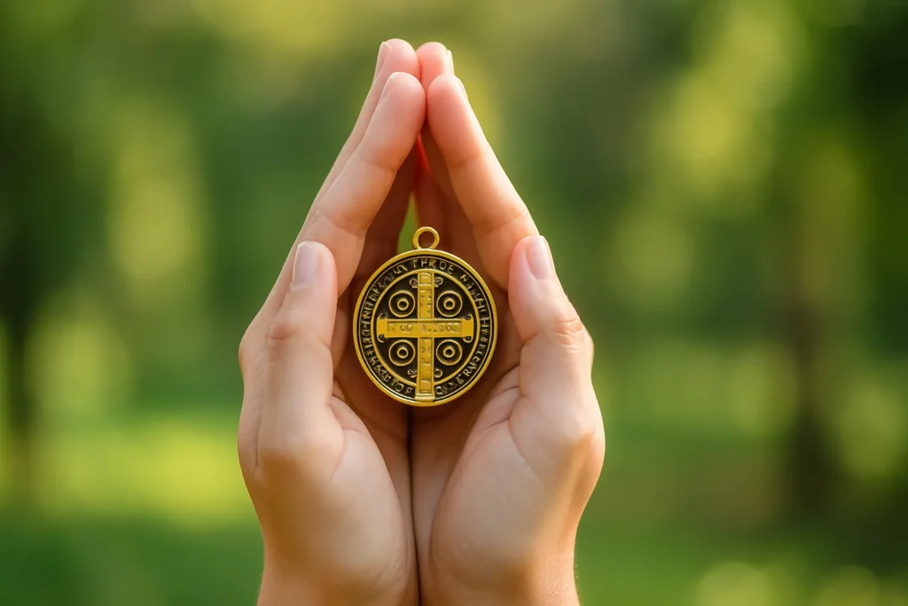  Pessoa segurando a medalha de São Bento com as duas mãos em posição de oração, com luz natural suave e fundo verde de natureza