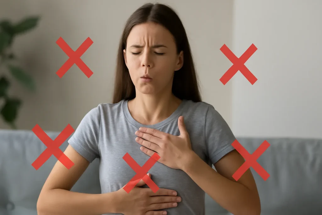 Mulher jovem com expressão tensa tentando respirar profundamente com as mãos no peito e abdômen, cercada por sinais de erro em vermelho, representando práticas incorretas de respiração.