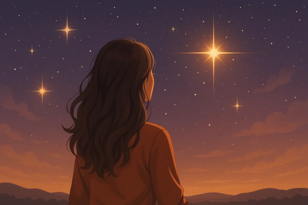 Mulher observando o céu estrelado ao entardecer, com uma estrela brilhante em destaque, simbolizando os sinais sutis do universo que confirmam a ação de uma simpatia espiritual.