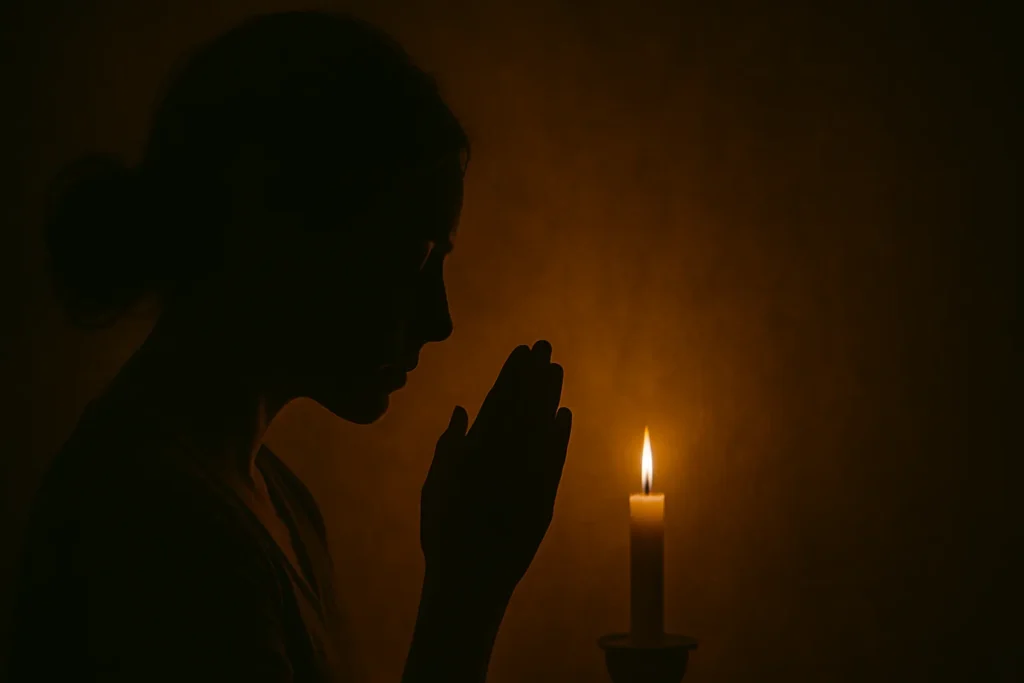 Silhueta de uma mulher em oração na penumbra, com as mãos unidas diante de uma vela acesa, simbolizando fé, introspecção e conexão espiritual noturna.
