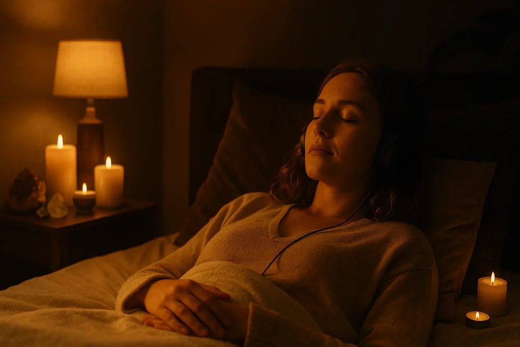 Pessoa deitada em quarto escuro e sereno, com fones de ouvido, rodeada por velas acesas e cristais, praticando meditação guiada para dormir melhor.
