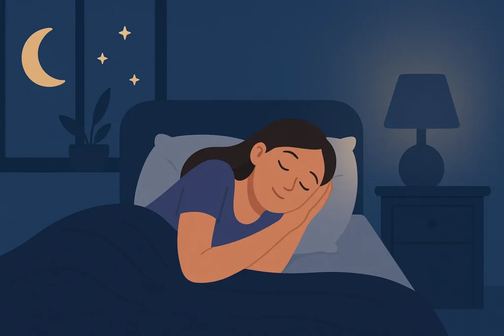 Ilustração de uma mulher dormindo tranquilamente em um quarto escuro e acolhedor, com luz suave do abajur e luar visível pela janela, representando uma noite de sono profundo induzido por meditação guiada.