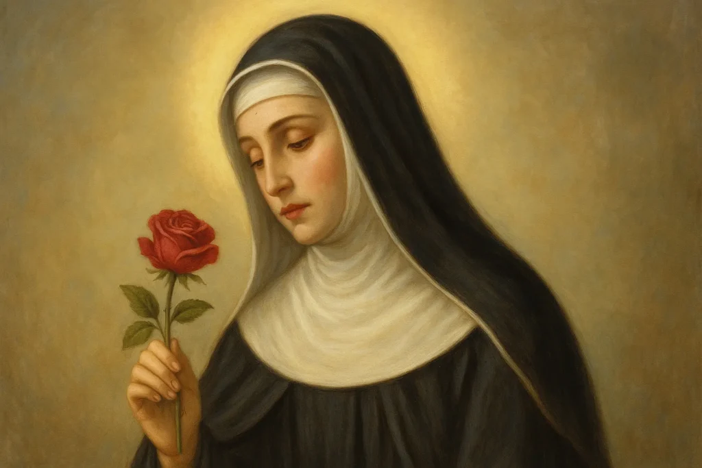 Representação artística de Santa Rita de Cássia segurando uma rosa vermelha, envolta por luz dourada suave e expressão serena