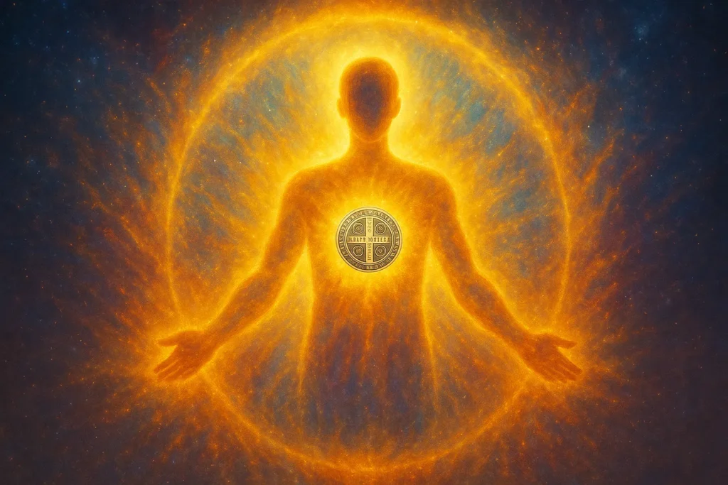 Ilustração artística de uma figura humana com aura dourada ao redor do corpo, protegida por luz espiritual e com a medalha de São Bento no centro do peito