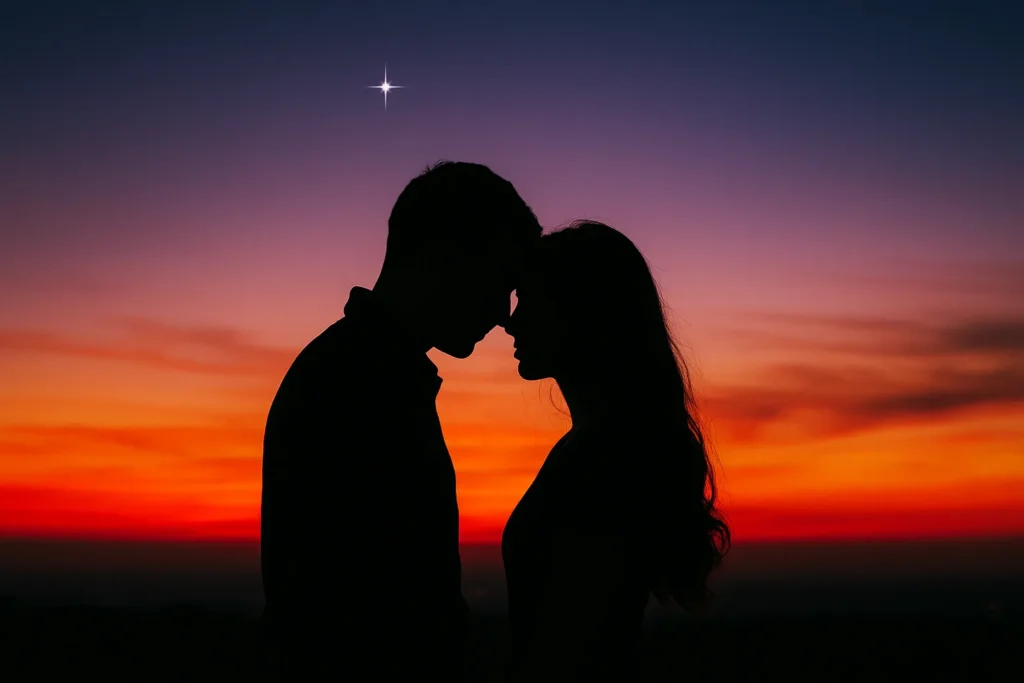 Casal em silhueta com as testas encostadas diante de um pôr do sol vibrante, com uma estrela brilhando acima, simbolizando a união entre fé e amor em momentos de conexão espiritual.