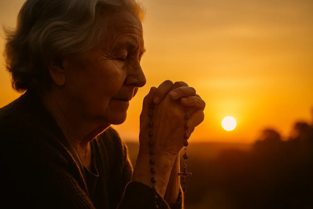 Idosa de olhos fechados em oração, segurando um terço nas mãos, com o pôr do sol dourado ao fundo simbolizando fé e serenidade espiritual.
