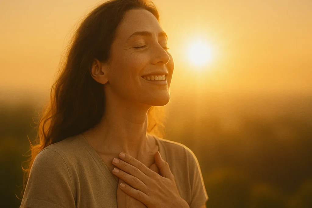 Mulher de olhos fechados sorrindo com serenidade, com a mão sobre o coração, iluminada pelos primeiros raios do sol da manhã, transmitindo leveza e gratidão.