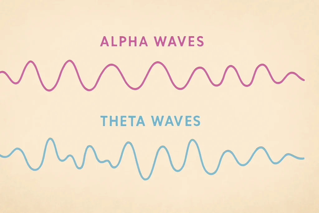 Ilustração gráfica com ondas cerebrais alfa e teta sobre fundo suave bege, simbolizando os estados mentais induzidos por meditação e relaxamento profundo.