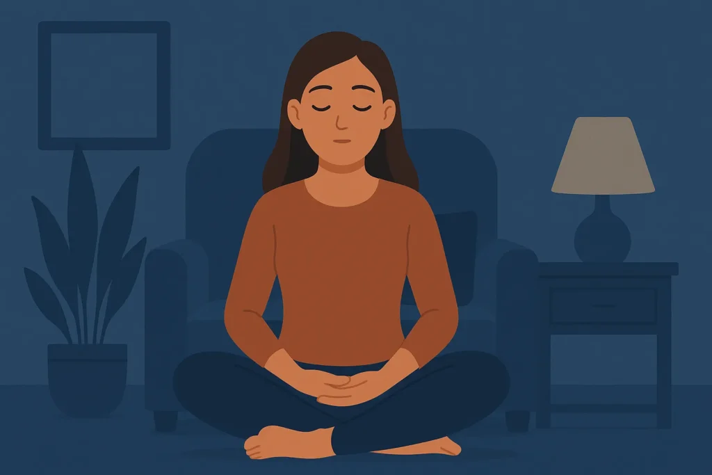 Ilustração de uma mulher sentada em meditação sobre uma poltrona azul, com olhos fechados e mãos sobre o abdômen, em um ambiente calmo com planta, abajur e iluminação suave — representando prática de respiração para desacelerar o corpo.