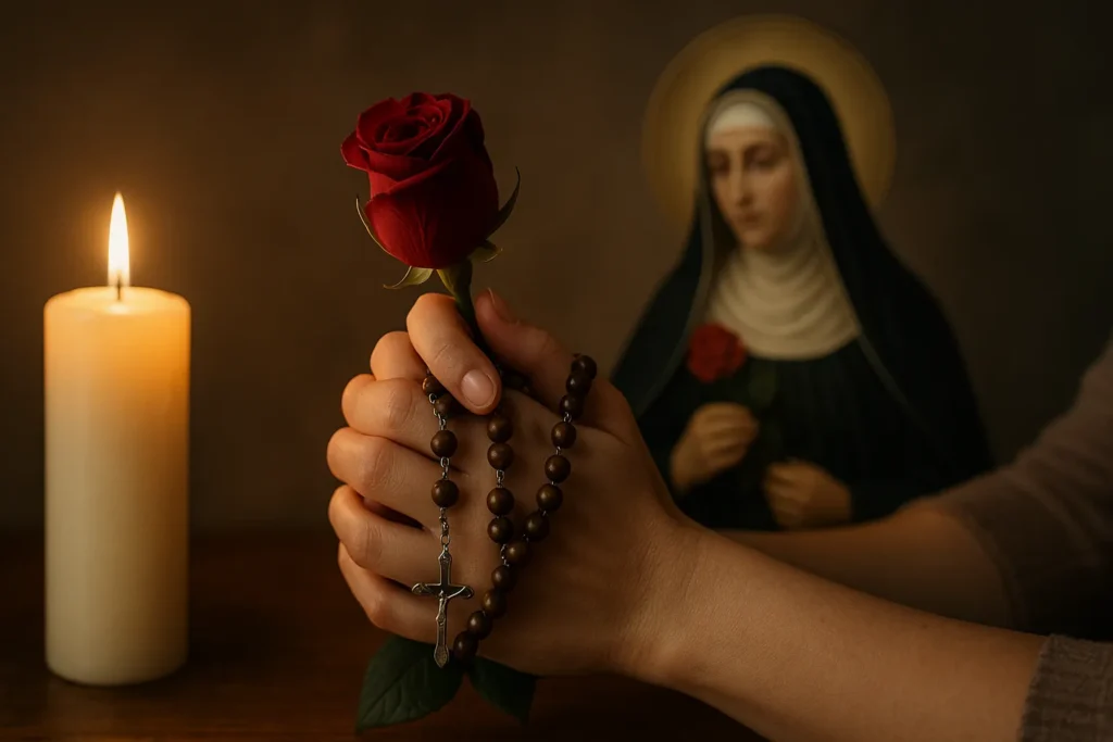 Altar devocional com imagem de Santa Rita de Cássia, rodeada por velas acesas, flores e um bilhete escrito “Milagre alcançado