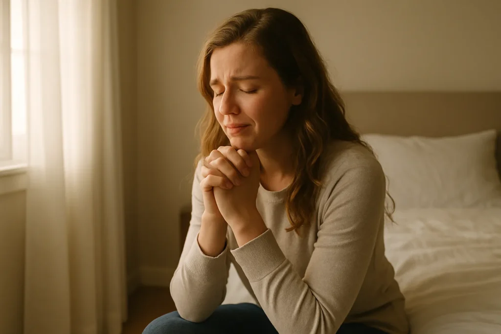 Mulher sentada ao lado da cama com expressão emocionada e mãos unidas em oração, iluminada por uma luz suave que entra pela janela, transmitindo acolhimento e espiritualidade.