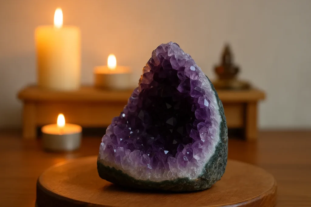 Drusa de ametista roxa em altar de madeira com velas acesas ao fundo, simbolizando espiritualidade, proteção e serenidade.