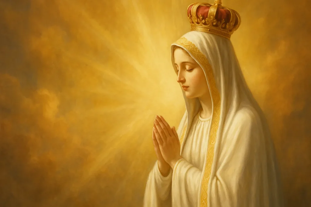 Imagem de Nossa Senhora de Fátima em oração, coroada e iluminada por raios de luz dourada, com fundo celestial radiante.
