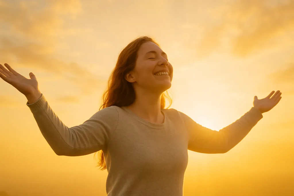 Mulher sorridente com braços abertos diante de um céu dourado ao amanhecer, irradiada por luz suave, expressando gratidão e conexão espiritual com o novo dia.