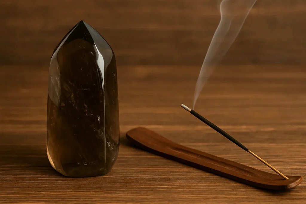 Quartzo fumê polido sobre mesa de madeira, ao lado de incenso queimando, representando proteção espiritual e purificação energética.