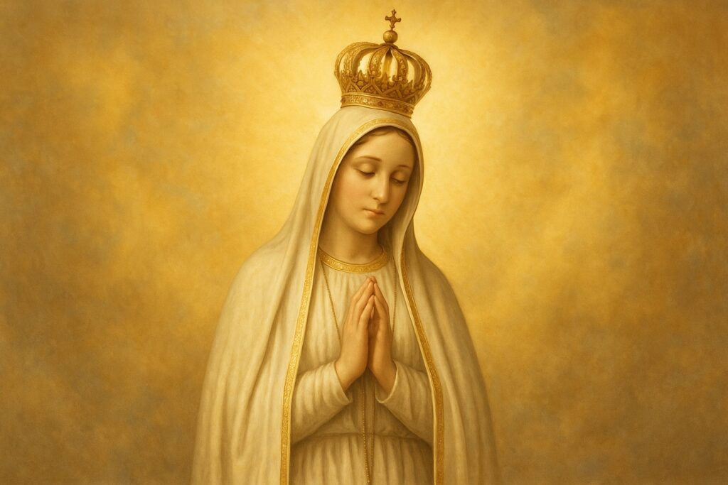  Imagem suave de Nossa Senhora de Fátima com mãos postas em oração, coroada e iluminada por luz dourada celestial ao fundo.