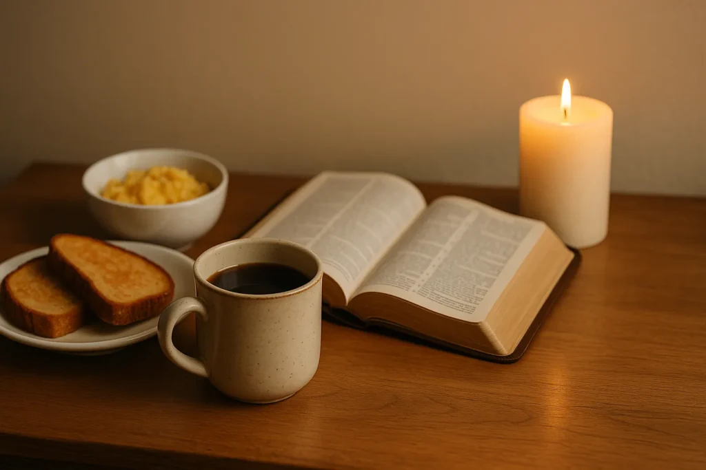 Café da manhã simples com uma Bíblia aberta, uma vela acesa e uma xícara de café sobre uma mesa de madeira, criando um ambiente calmo e espiritual para o domingo de manhã.