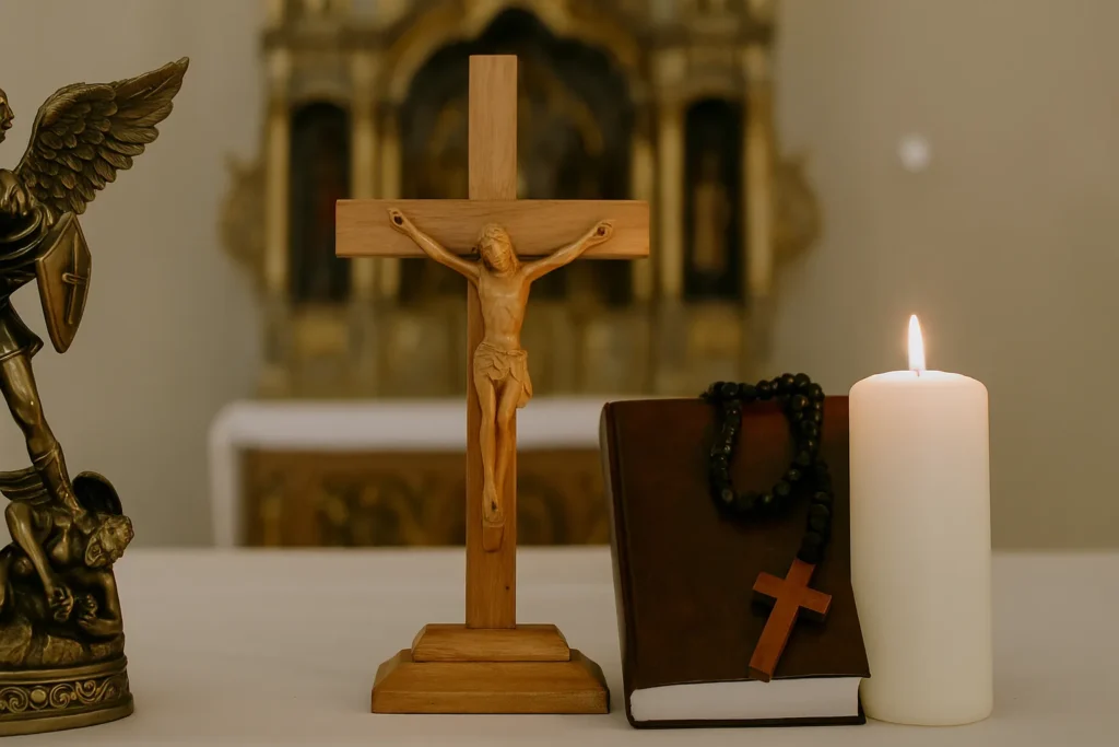 Imagem de altar com estátua de São Miguel Arcanjo, crucifixo de madeira, Bíblia com terço e vela acesa, representando a Quaresma de São Miguel Arcanjo.