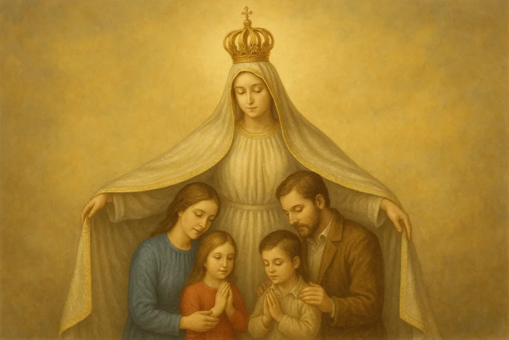  Imagem de Nossa Senhora de Fátima com manto brilhante cobrindo uma família em oração, simbolizando proteção e cuidado materno.