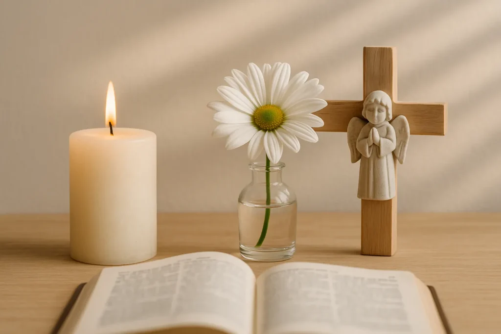 Altar simples com uma vela branca acesa, uma flor branca em um pequeno vaso de vidro e uma cruz de madeira com imagem de anjo, iluminados pela luz suave da manhã.