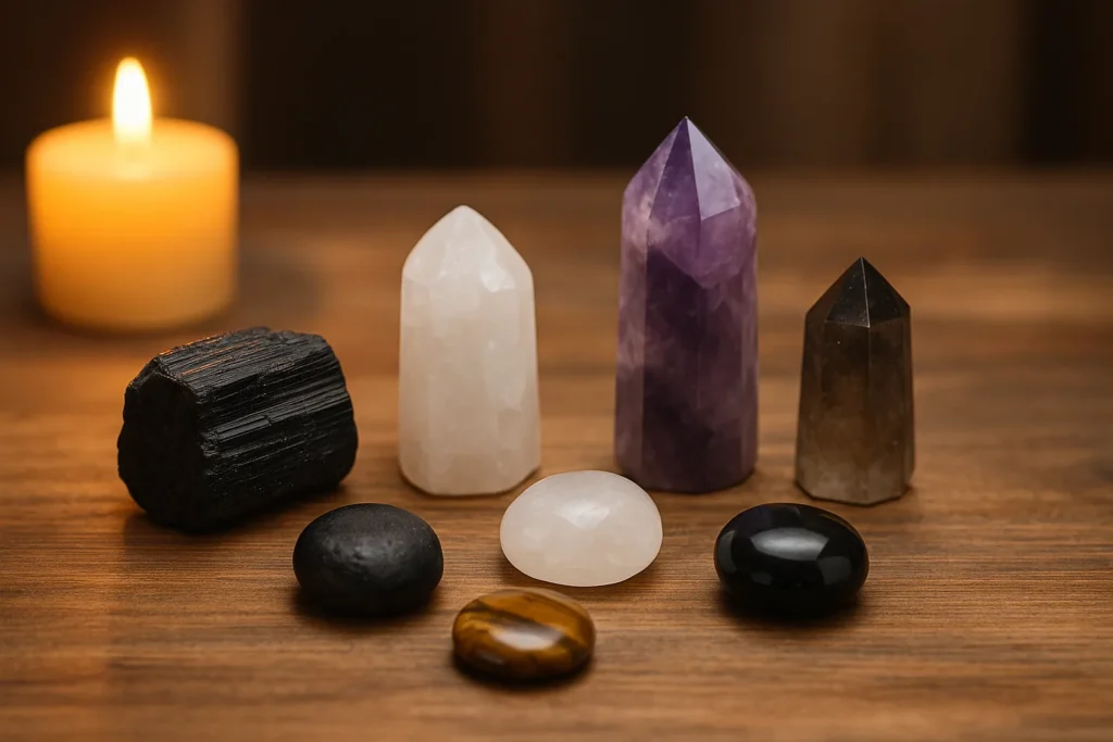 Sete cristais de proteção, incluindo turmalina negra, ametista e quartzo, dispostos em uma mesa de madeira iluminada por vela, transmitindo equilíbrio e energia espiritual.