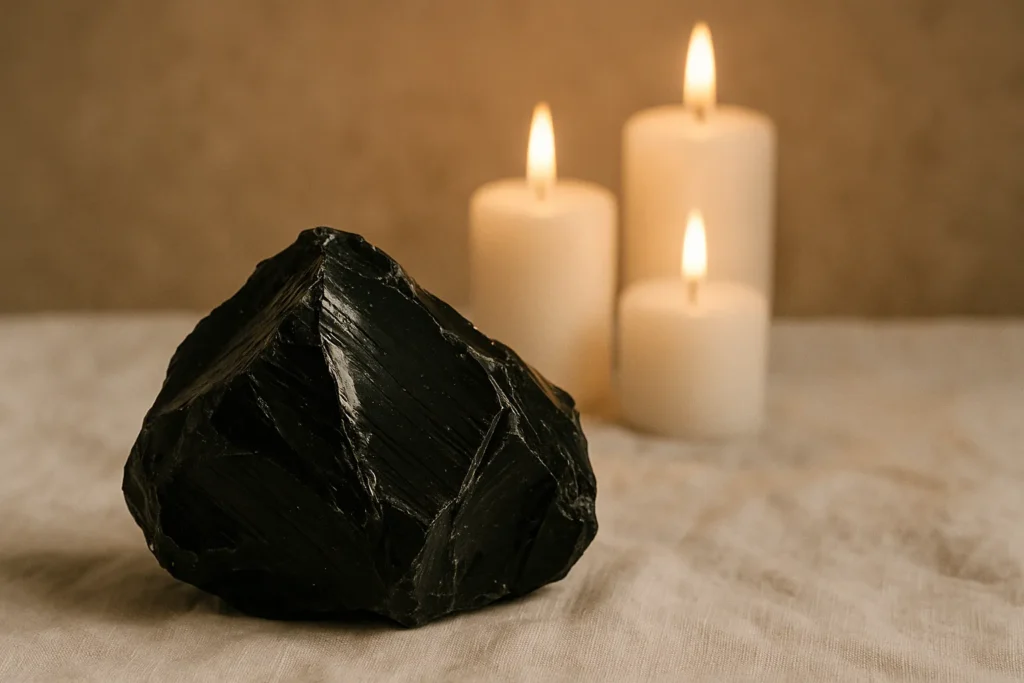 Obsidiana negra bruta sobre um pano branco, com velas acesas ao fundo, representando proteção energética e conexão espiritual.