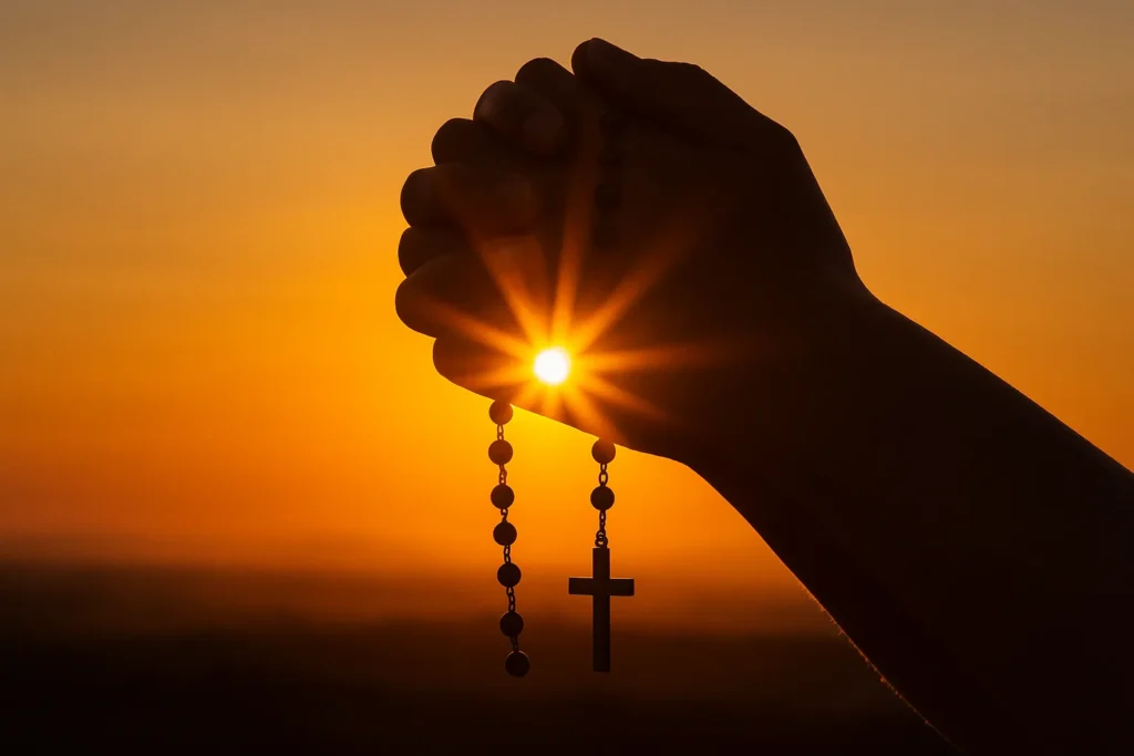 Mãos de um fiel segurando um terço ao pôr do sol, com feixes de luz atravessando as contas e a cruz, simbolizando fé e devoção.