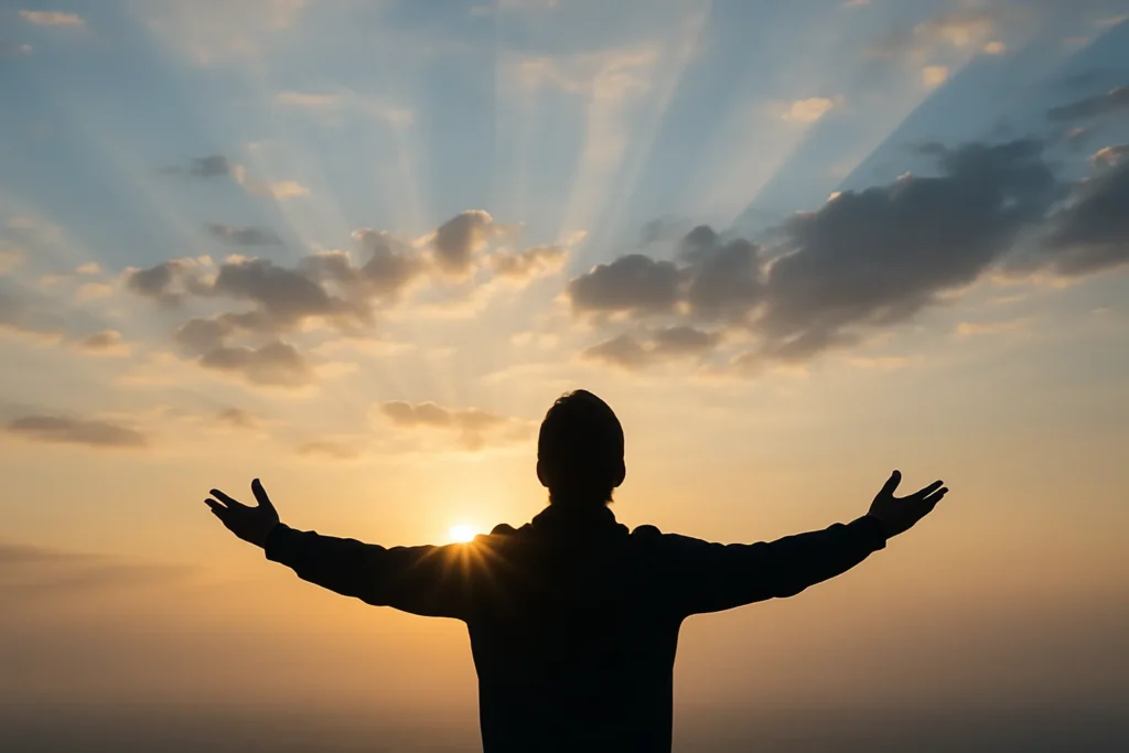 Pessoa de braços abertos em silhueta diante de um céu ao amanhecer, com feixes de luz solar atravessando nuvens suaves, simbolizando conexão espiritual e gratidão matinal.