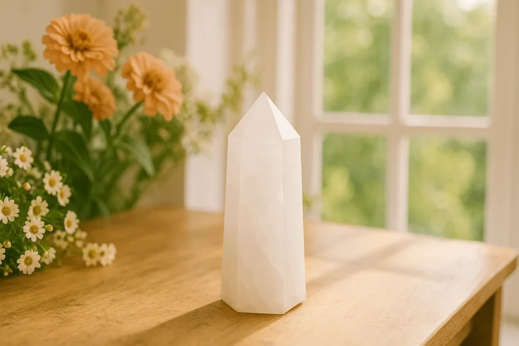 Quartzo branco lapidado em altar espiritual, cercado por flores e iluminado pela luz natural entrando pela janela, simbolizando paz e pureza energética.
