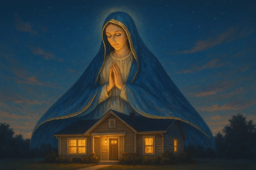Imagem de Nossa Senhora cobrindo simbolicamente uma casa iluminada ao anoitecer com seu manto azul, representando proteção divina.