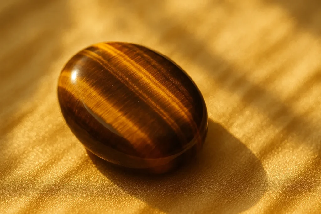 Pedra olho de tigre polida sobre tecido dourado, refletindo a luz do sol e transmitindo força, coragem e vitalidade espiritual.