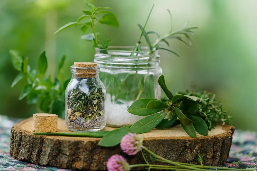 Potes de vidro com ervas frescas e secas sobre tronco de madeira em ambiente natural, usados em rituais de banhos de limpeza espiritual.