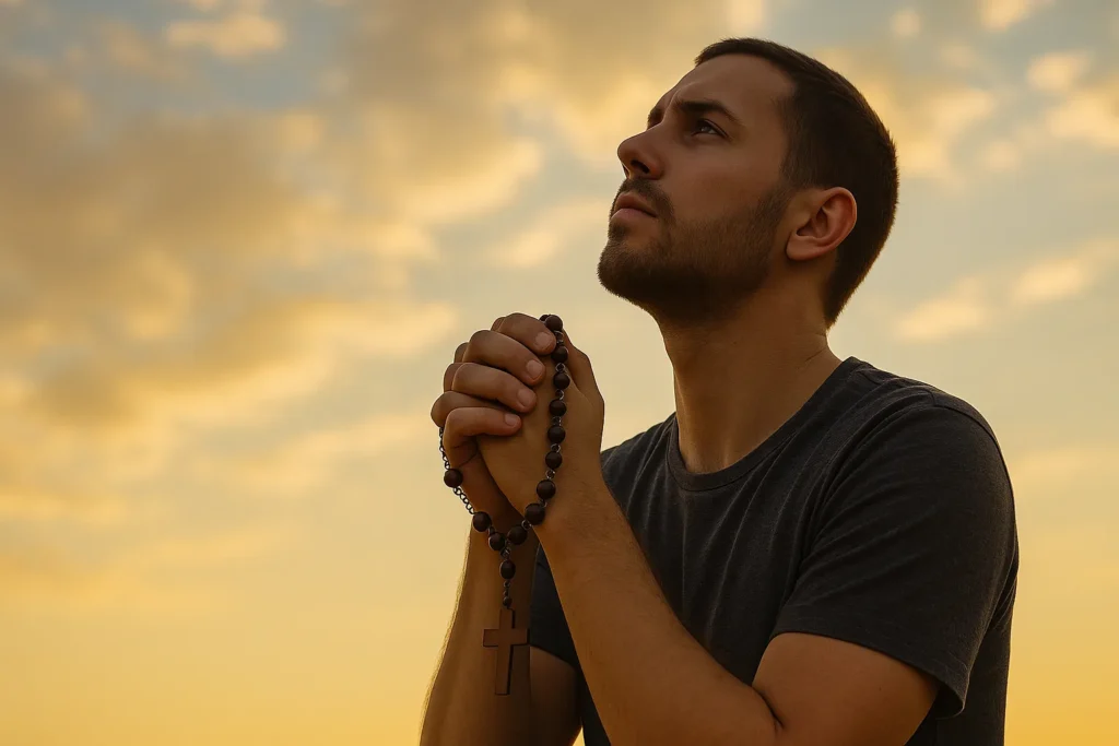 Jovem homem de mãos unidas segurando um terço, olhando para o céu durante o pôr do sol, em momento de oração e devoção espiritual.