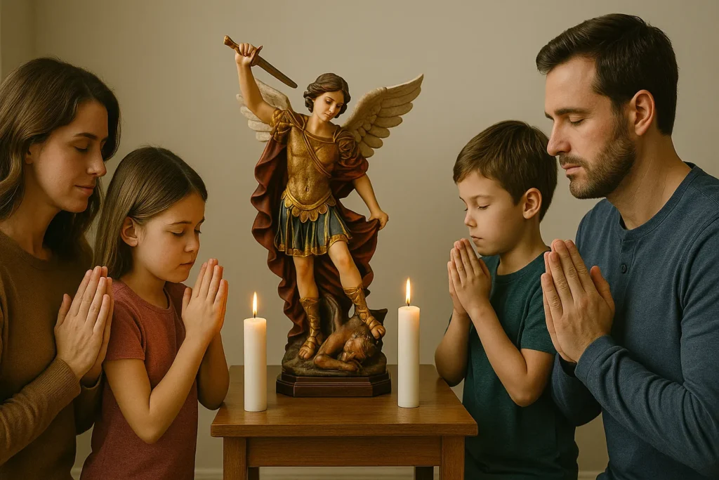 Família com pais e filhos ajoelhados em frente a uma estátua de São Miguel Arcanjo com velas acesas, em momento de oração e devoção espiritual.