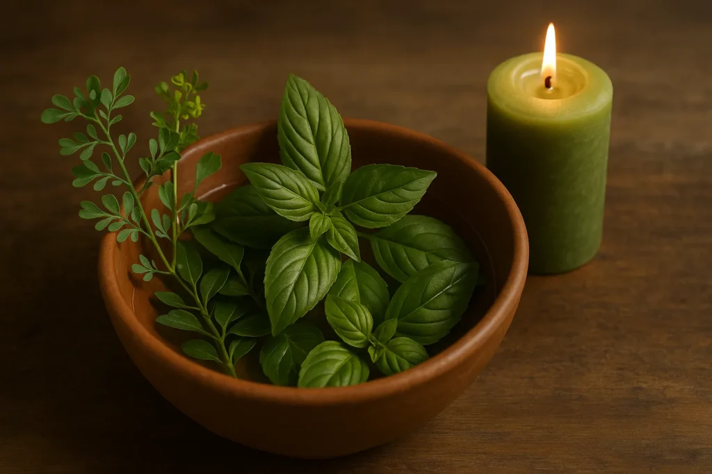 Fotografia realista de tigela de barro com ramos de arruda, folhas de guiné e manjericão fresco em água, ao lado de vela verde acesa em altar simples.