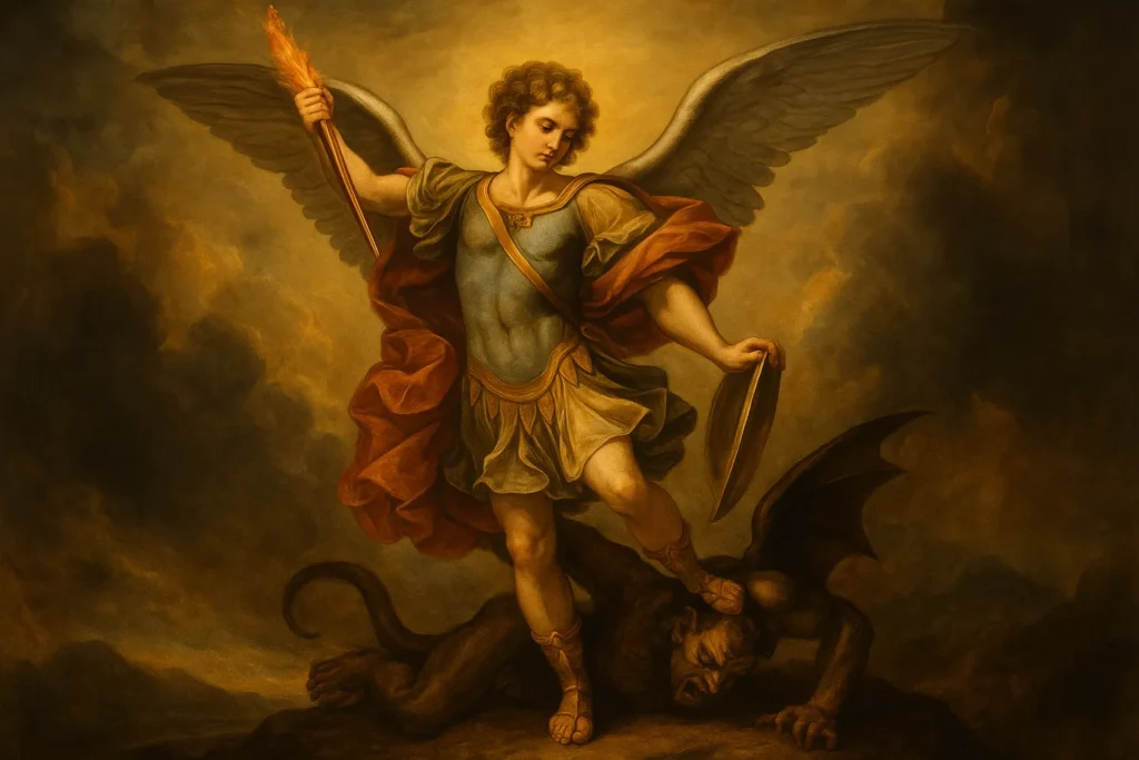 Pintura em estilo barroco mostrando São Miguel Arcanjo com espada flamejante triunfando sobre um demônio, cercado por nuvens douradas e atmosfera celestial.