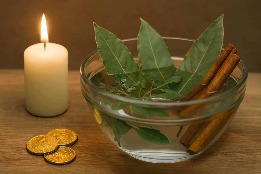 Fotografia realista de tigela de vidro com folhas de louro e paus de canela na água, ao lado de moedas douradas e vela acesa em altar simples.