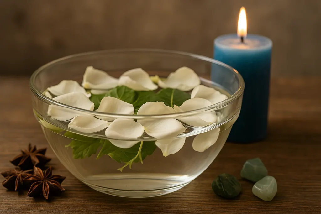 Fotografia realista de tigela de vidro com pétalas de rosas brancas e anis estrelado em água, ao lado de vela azul acesa em altar simples.