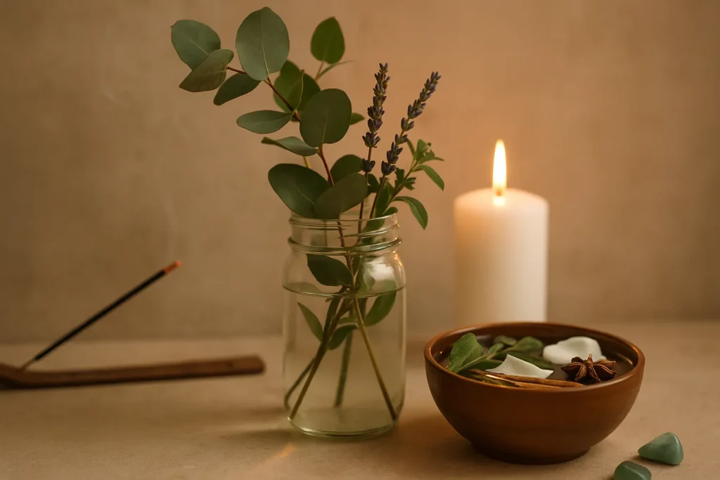 Fotografia realista de jarra de vidro transparente com folhas de eucalipto e flores de alfazema em água, ao lado de incenso aceso e vela branca iluminada.
