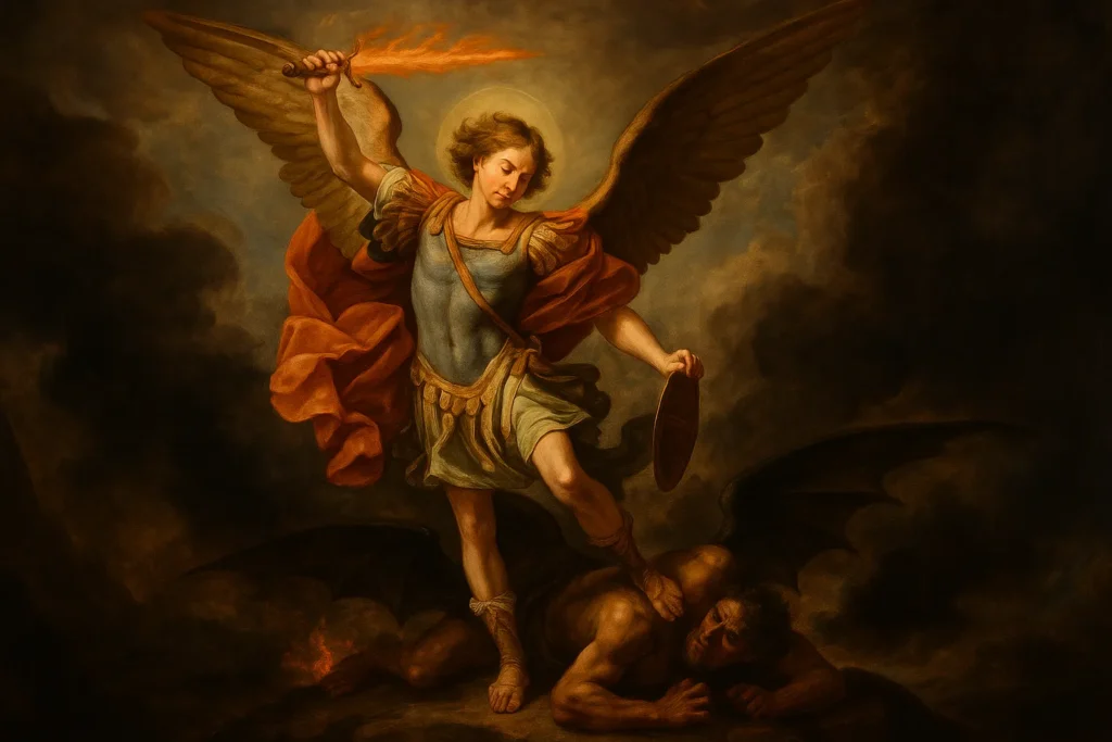 Representação de São Miguel Arcanjo com asas abertas e espada flamejante derrotando uma figura demoníaca em uma cena espiritual de proteção e vitória.