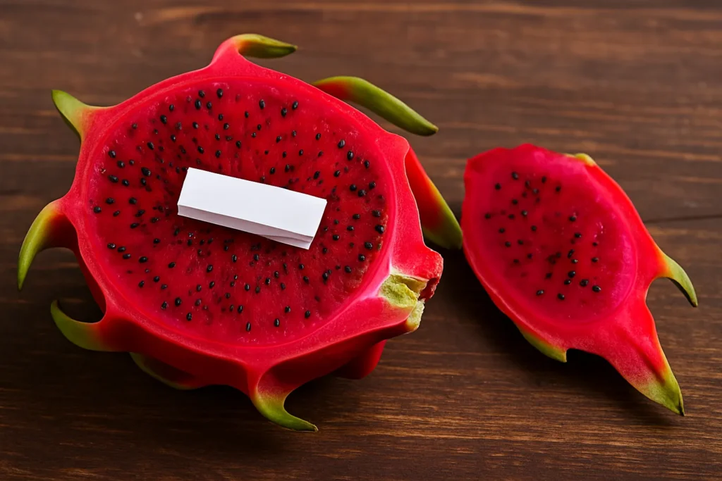 Imagem de uma pitaya vermelha cortada ao meio com polpa intensa e sementes pretas, simbolizando força, abundância e poder de atração financeira.