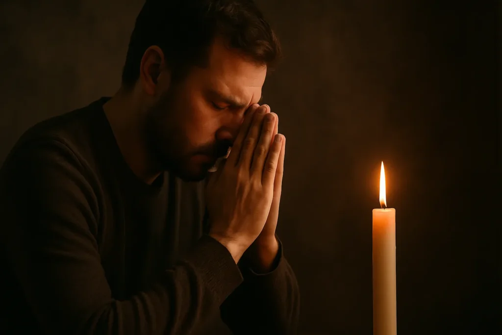 Homem em oração profunda com as mãos unidas diante de uma vela acesa, evocando a proteção espiritual de São Miguel Arcanjo.
