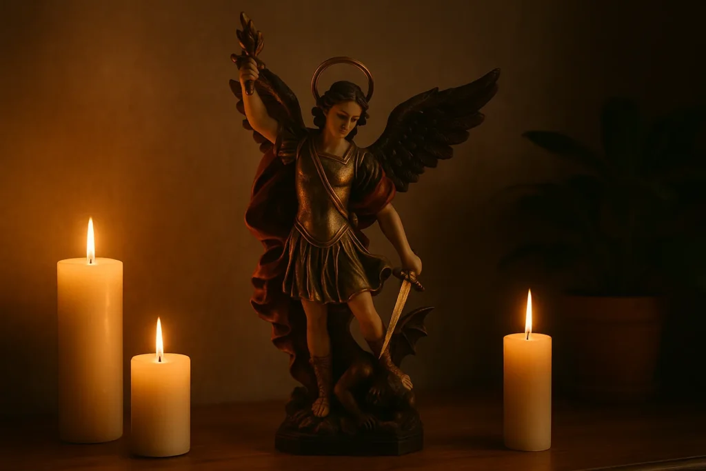 : Estátua de São Miguel Arcanjo em um altar doméstico cercado por velas acesas, criando um ambiente de oração e proteção espiritual.