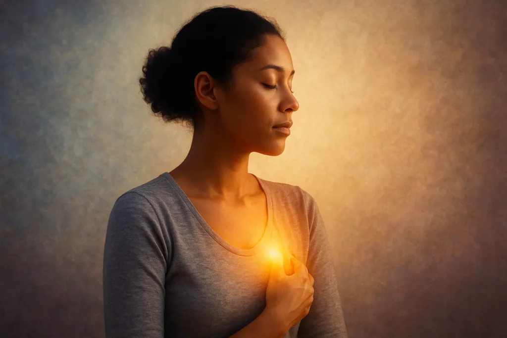 Silhueta serena de uma pessoa com luz dourada sobre o coração, simbolizando a conexão entre corpo e alma e o processo de cura espiritual.