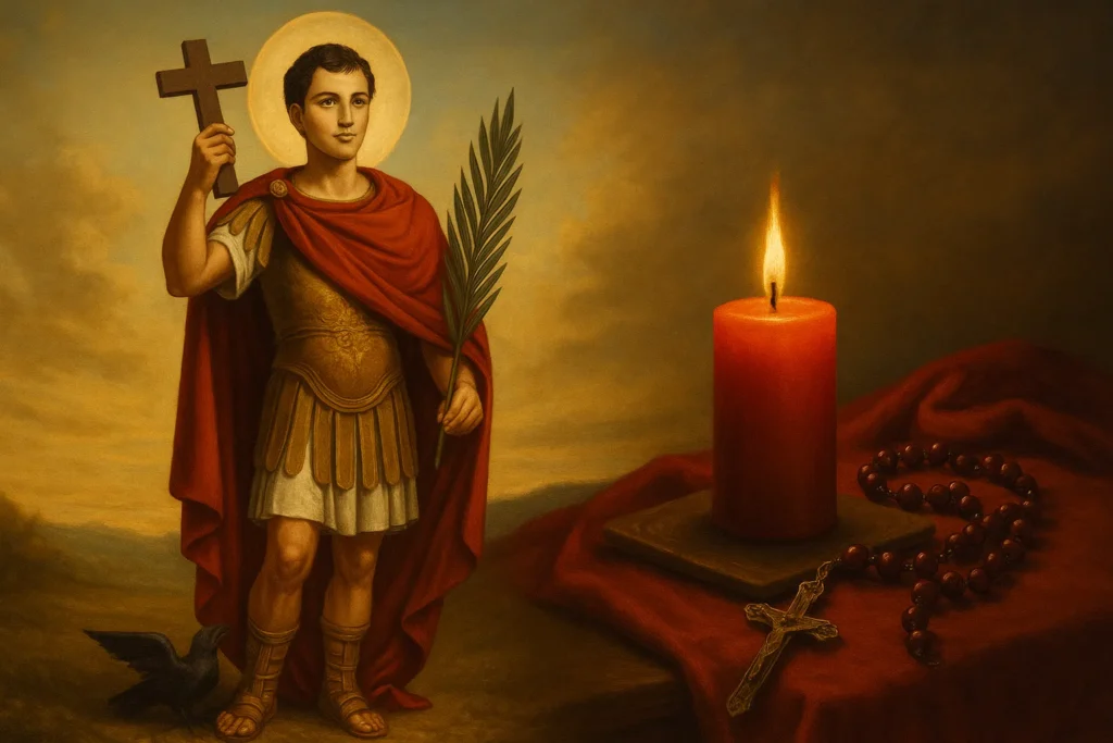 Representação de Santo Expedito em trajes de soldado romano, com cruz e palma, ao lado de vela vermelha acesa e rosário, simbolizando oração e causas urgentes.