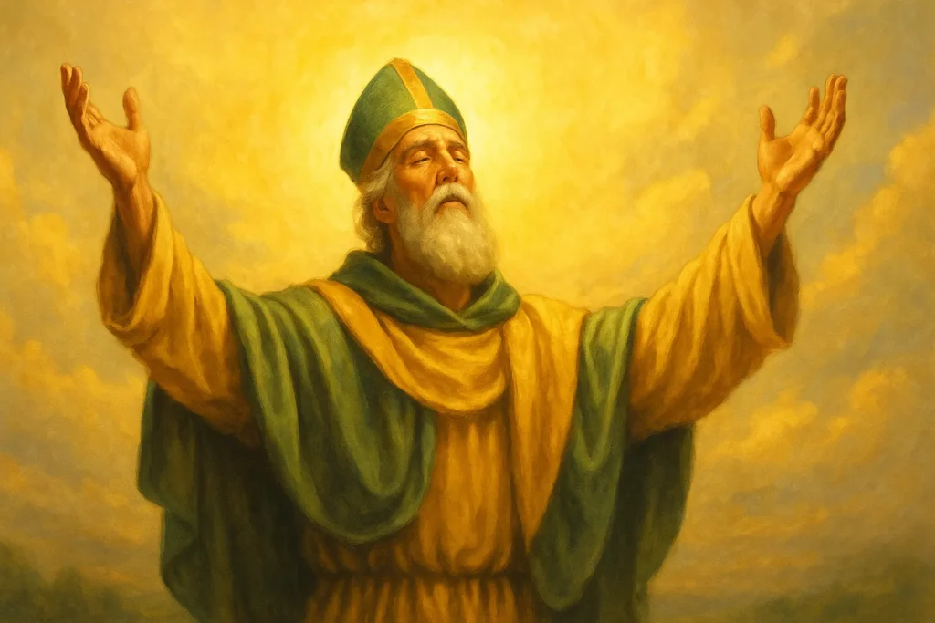 Ilustração de São Patrício orando com os braços abertos sob um céu dourado e iluminado, representando força interior, devoção e fé inabalável.
