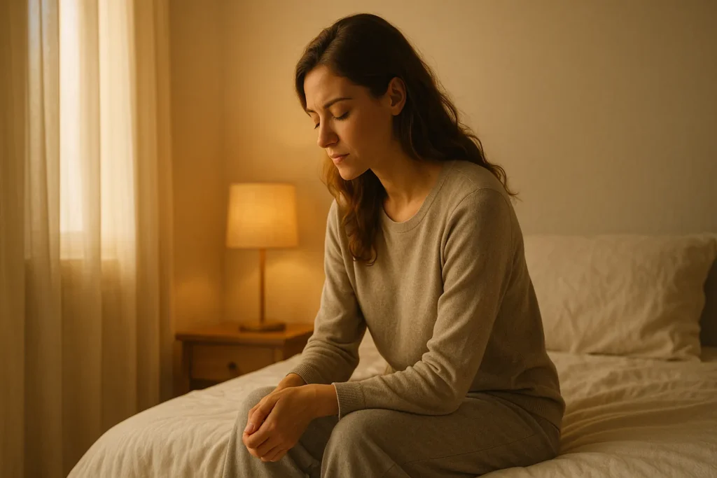 Pessoa sentada na beira da cama com luz suave da manhã entrando pela janela, expressão serena de reflexão e busca de equilíbrio interior.