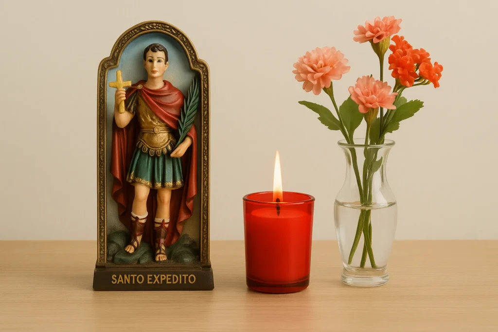 Altar simples em casa com imagem de Santo Expedito, acompanhado de vela vermelha acesa e vaso de flores, simbolizando fé, devoção e oração.